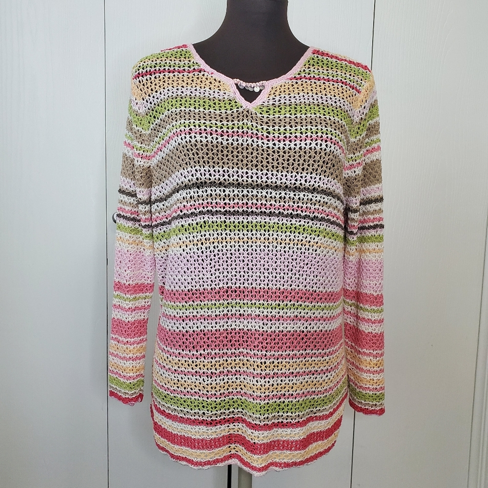 Talbots Womens L Knit Sweater Pastel Multicolor Striped 3/4 Sleeve Silk Blend